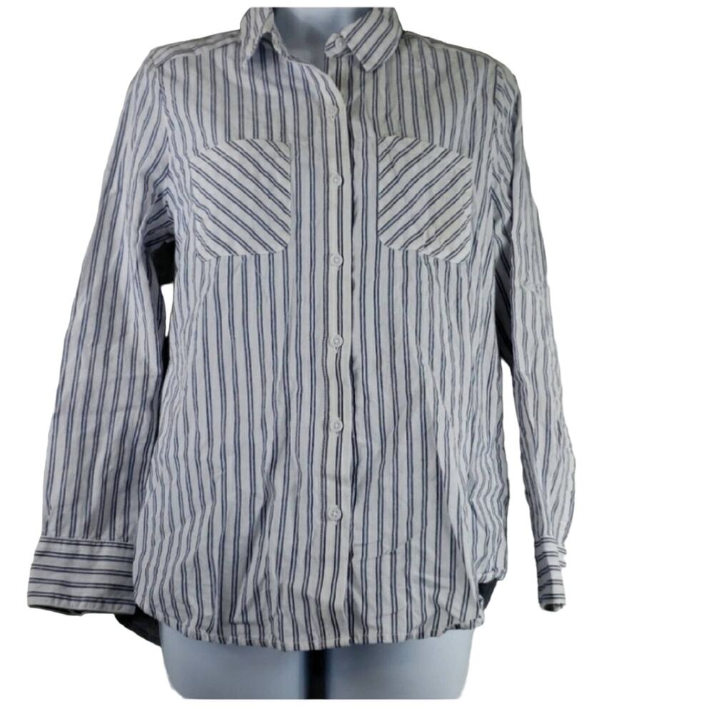 BeachLunchLounge Blue White Striped Button Long Sleeve  Small